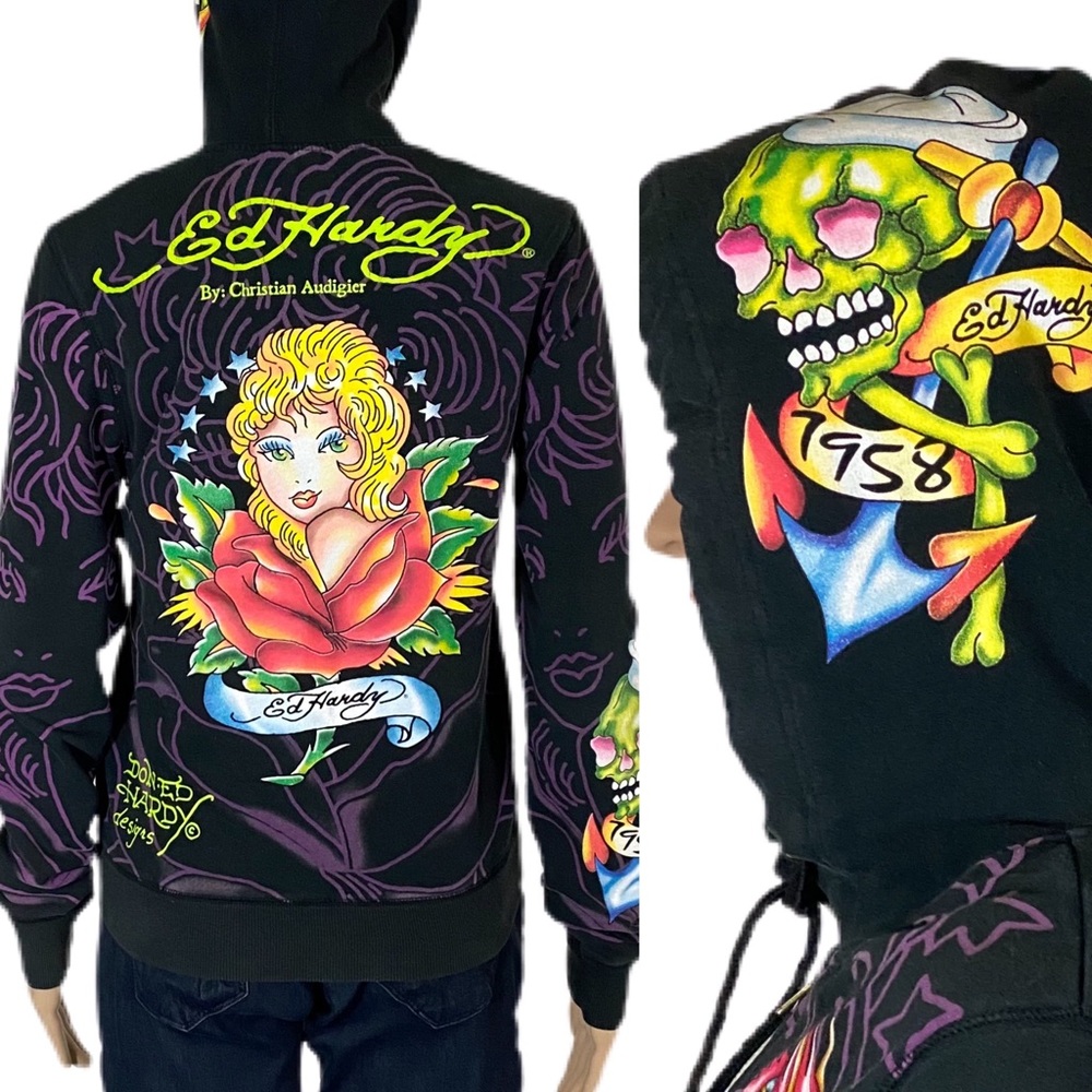 ED HARDY X CHRISTIAN AUDIGIER Hoodie Unisex Sz S